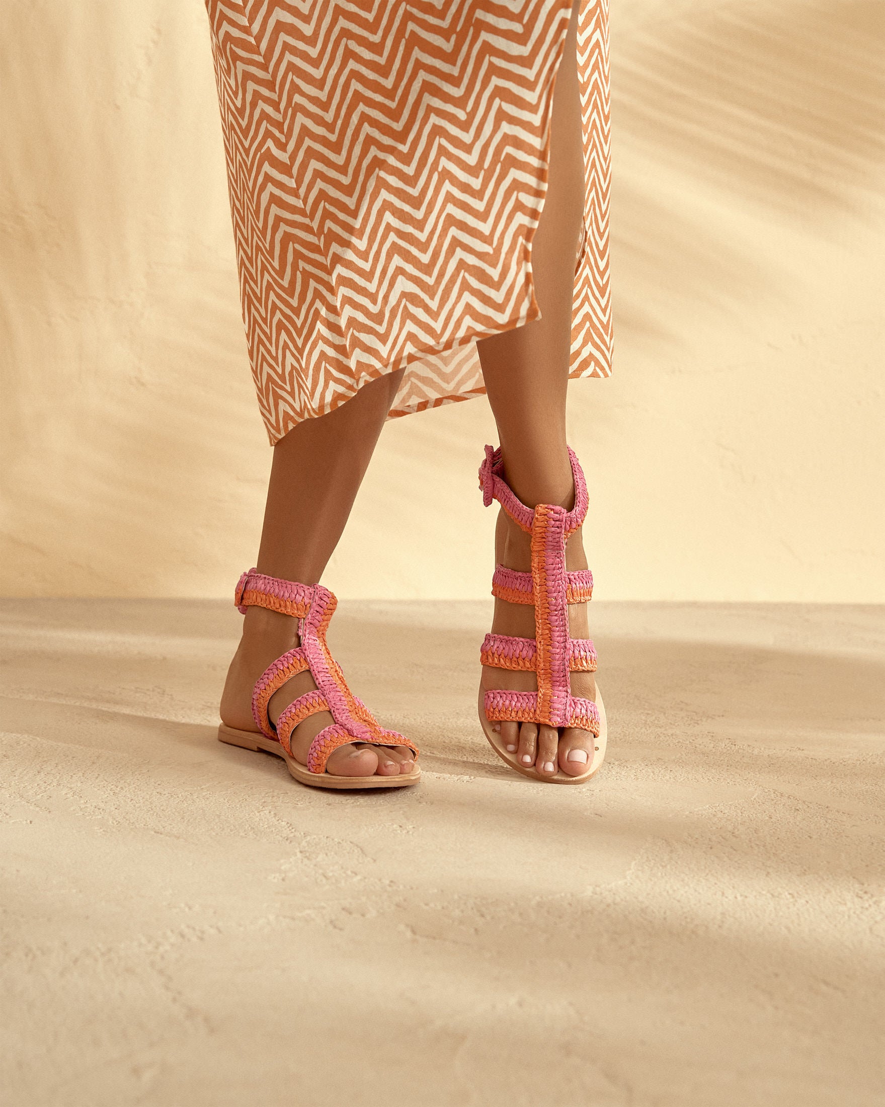 Raffia Stripes Leather Sandals - Pink Orange Gladiator