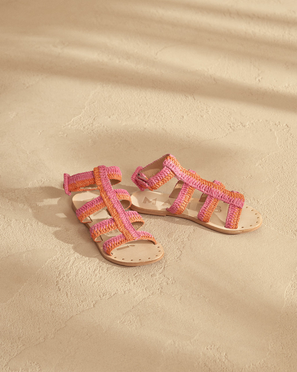 Raffia Stripes Leather Sandals - Pink Orange Gladiator