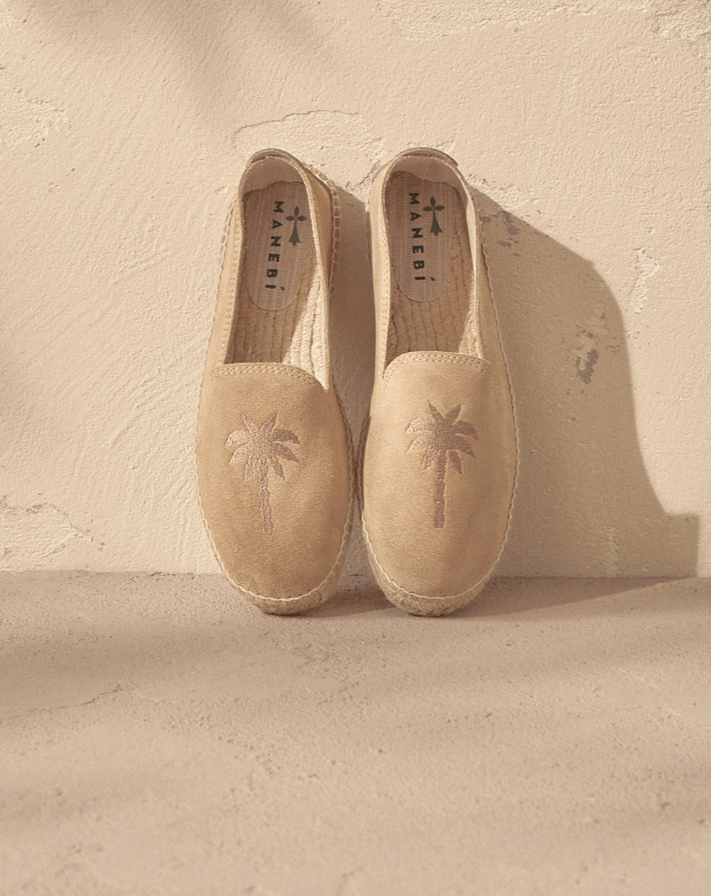 Suede With Embroidery Flat Espadrilles - Washed Beige & Palm On Tone