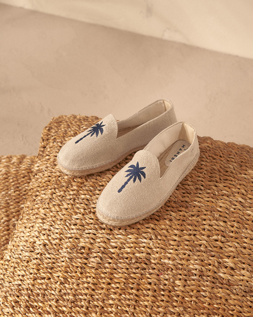 Organic Hemp With Embroidery Flat Espadrilles - Natural & Navy Palm