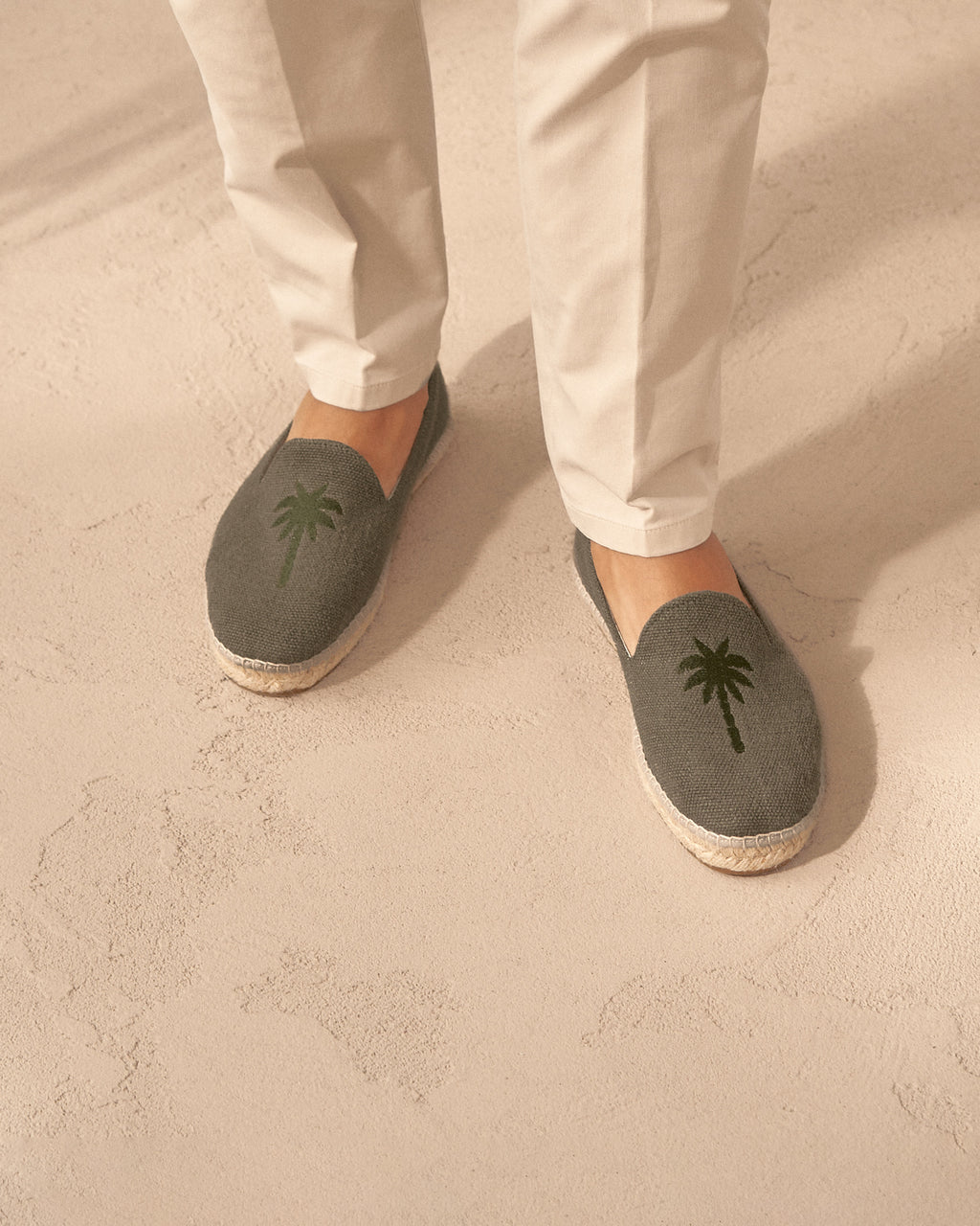 Organic Hemp With Embroidery Flat Espadrilles - Palm Springs - Military Green & Palm On Tone