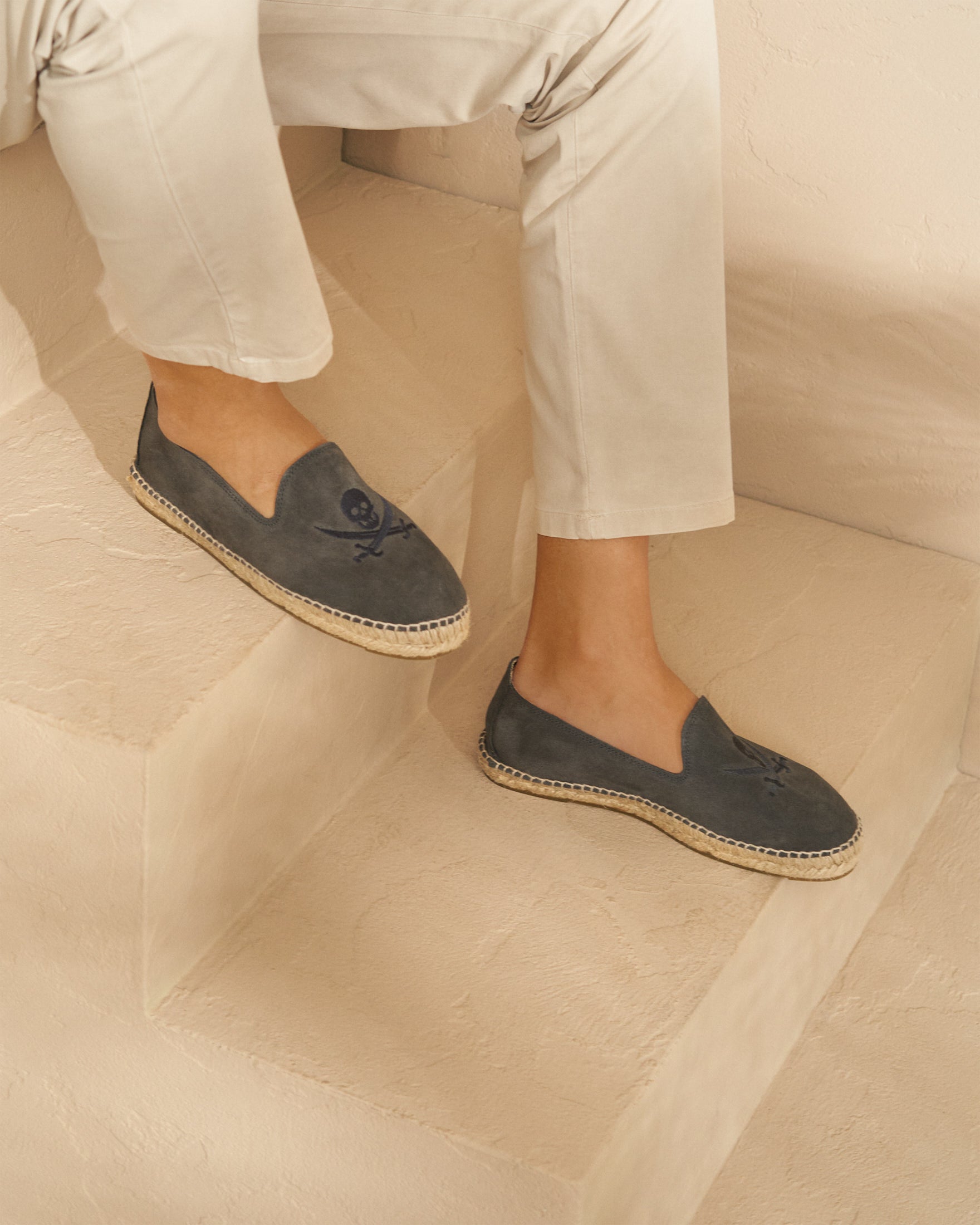 Suede Flat Espadrilles - Carbon Grey with Skull