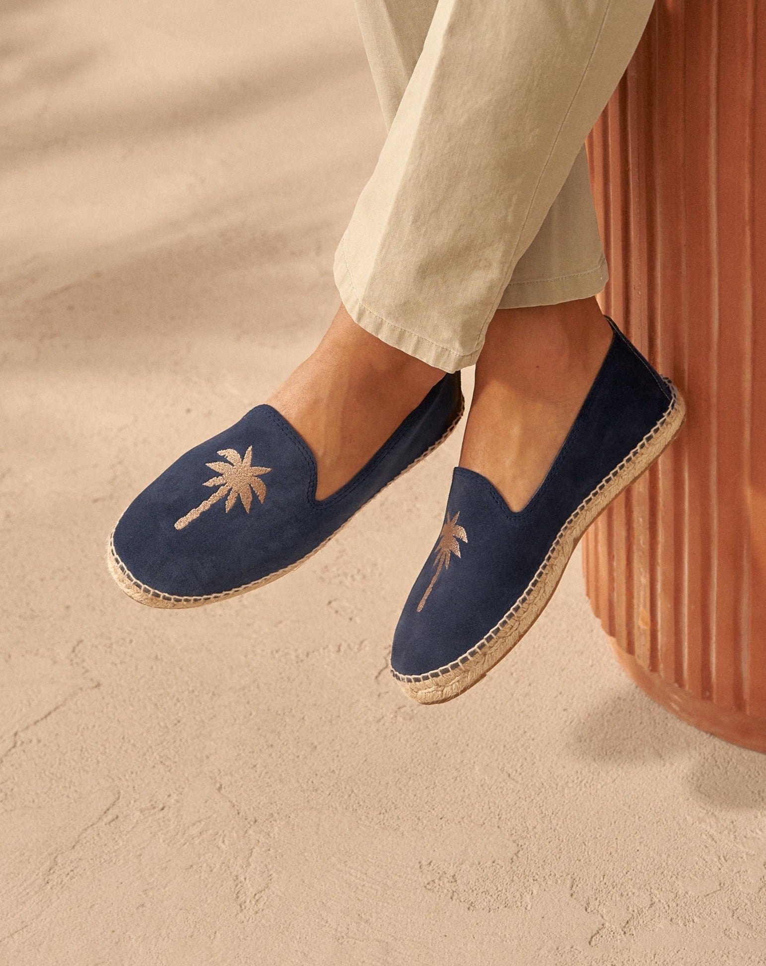 Suede With Embroidery Flat Espadrilles - Palm Springs - Patriot Blue & Beige Palm