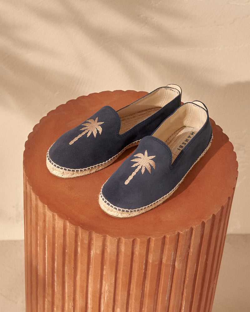 Suede With Embroidery Flat Espadrilles - Palm Springs - Patriot Blue & Beige Palm