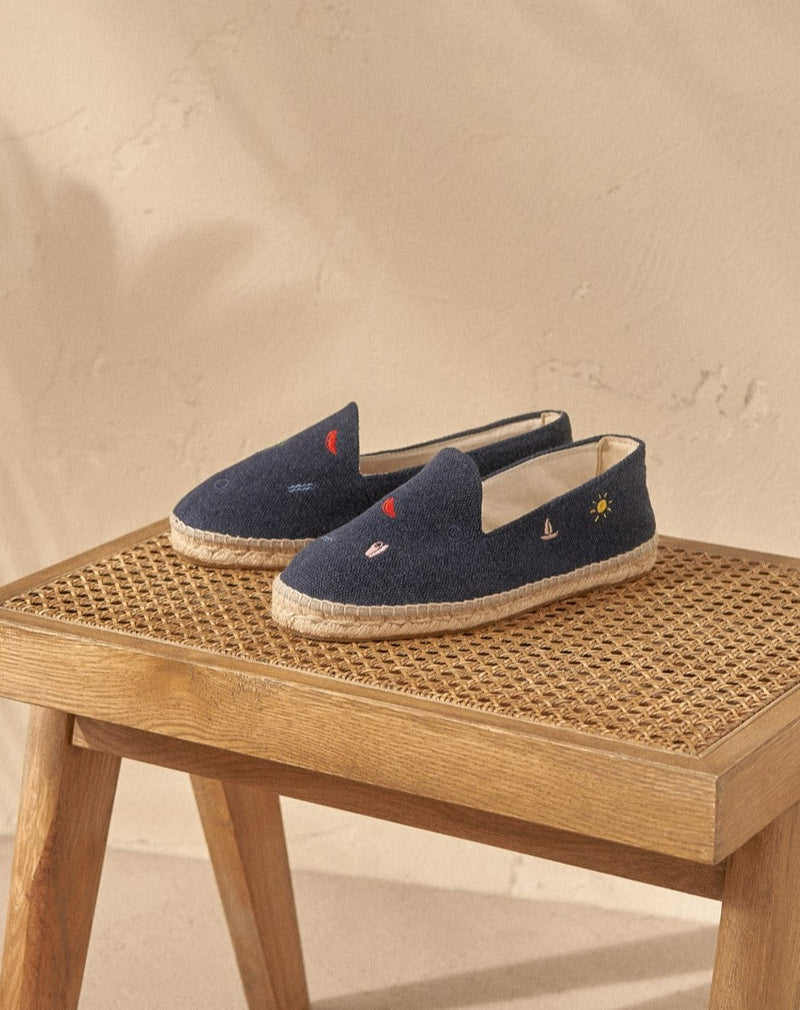 Organic Hemp With Embroidery Flat Espadrilles - Palm Springs - Navy & Multicolor Summer Stickers